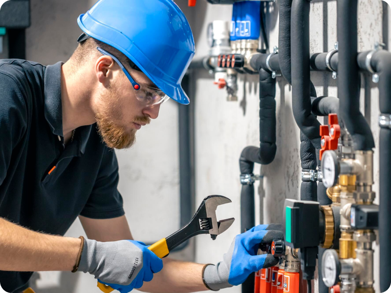 Tradesman with hard hat at electrical panel